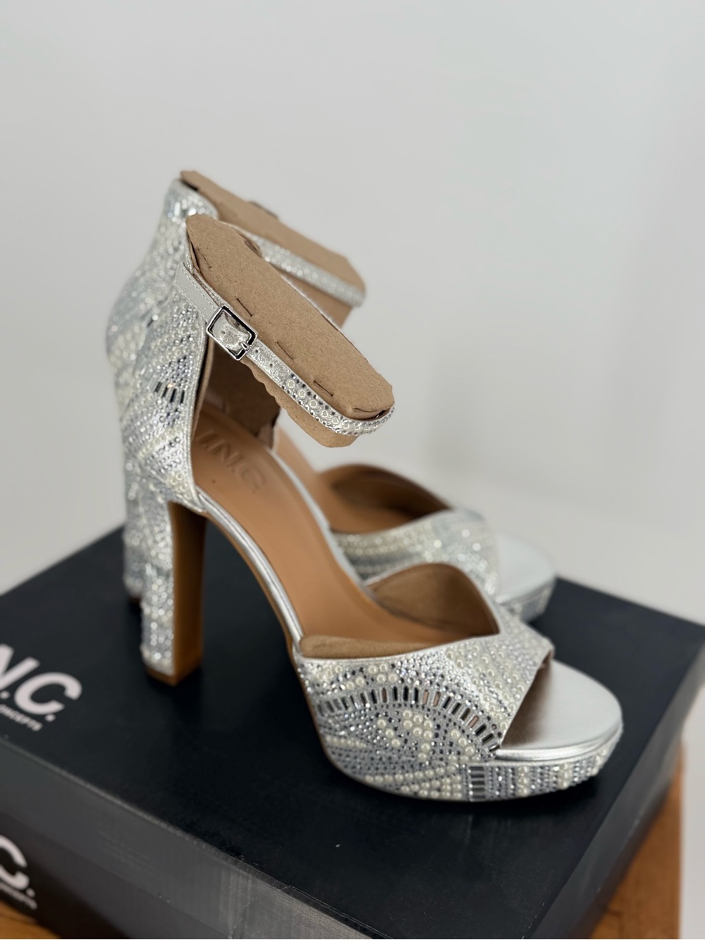 New INC Silver Crystal Platform Ankle Strap Heels - Women SIZE 8 - Picture 4 of 6